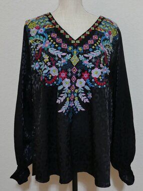 Savanna Jane Floral Embroidered Black Leopard Long Sleeve Blouse Top Boho 2X
